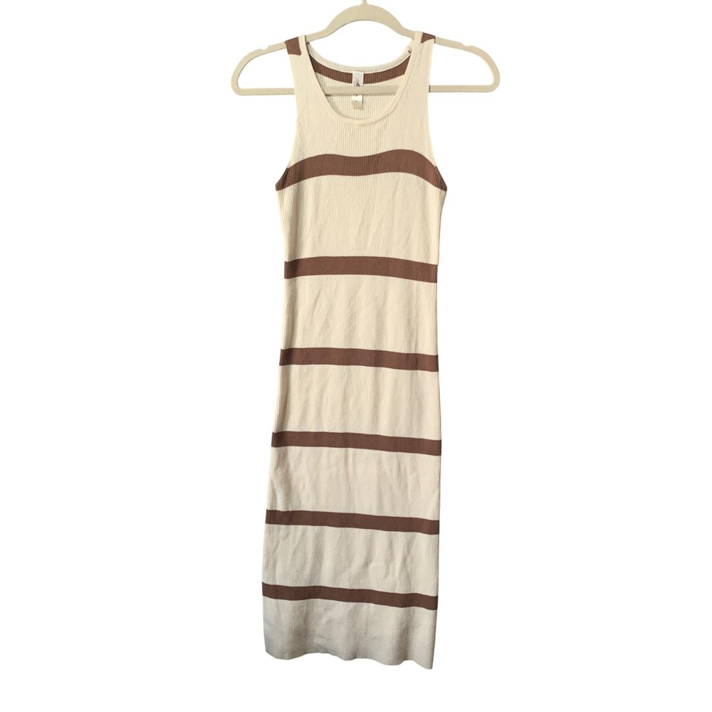 Mahina Womens Ribbed Knit Striped Midi Dress Cream Brown Sleeveless JD6148 Small